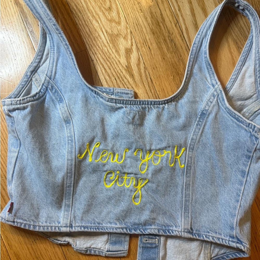 Denim Crop Top vest with Colorful Buttons and New York City embroidery
